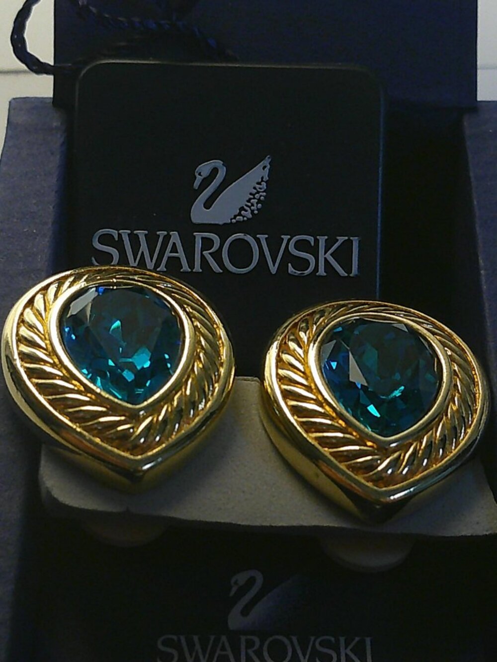 Swarovski Crystal Heart Earrings | Gold-Tone | Blue Teal Crystals | w/ Box